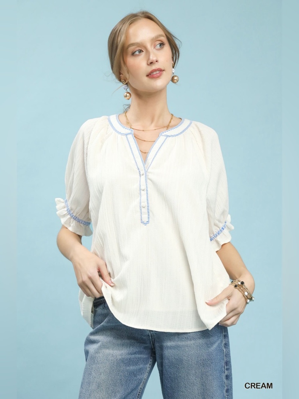 Umgee Textured Split Neck Puff Sleeve Top